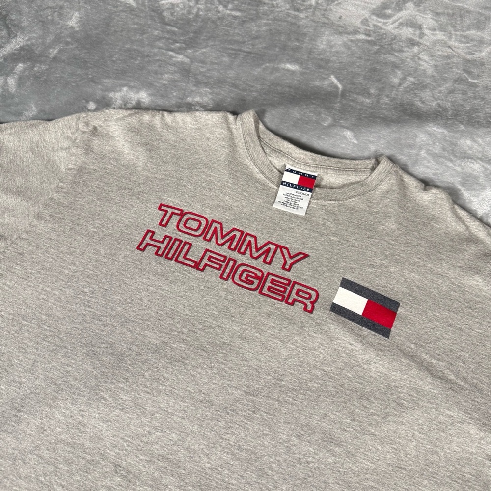 Vintage Tommy Hilfiger Flag T Shirt Mens 2XL Spellout Hip Hop Y2K Gray